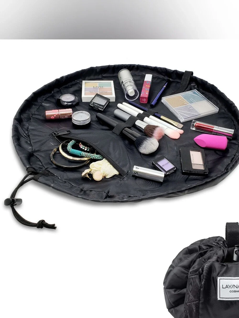 NWT LAY-N-GO COSMO DRAWSTRING TRAVEL COSMETICS BAG OPENS FLAT, a3